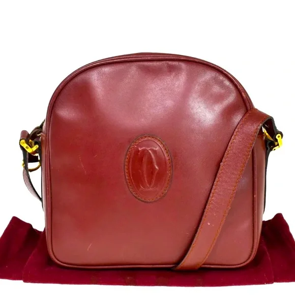 MUST DE CARTIER 2C Logo Shoulder Bag Leather Bordeaux Gold-Plated made in Italy - Picture 1 of 13